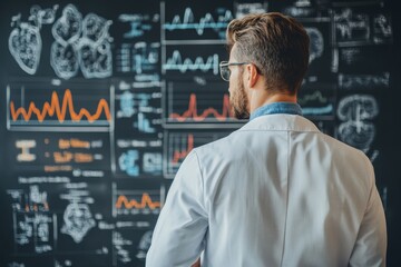 Poster - medical researcher analyzing data trends on a chalkboard in a laboratory setting