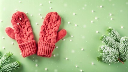 Cozy winter mittens with evergreen sprigs on festive green background for holiday decor