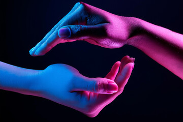 Two hands showing a sale advertisement copy space and black background with burst of colors with colorful glitter style