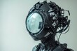 © AI Photo Stock - Futuristic Robotic Figure with Circular Mirror, a cyborg with a unique head design, showcasing advanced technology, artificial intelligence, and the future of robotics.