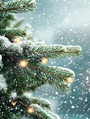 Wall Mural - christmas tree branches with a garland against falling snow.