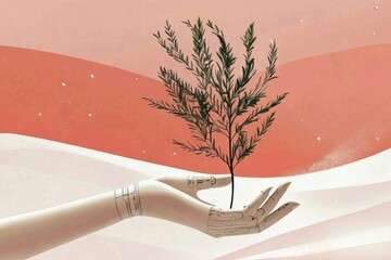 futuristic minimalistic design featuring robotic hand holding plant for environmental awareness and 
