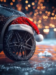 Wall Mural - festive 2025 holiday scene with santa hat and car wheel decoration on a dark background