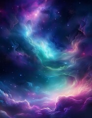 a vibrant nebula with swirling clouds of purple, pink, and teal in a dark night sky.