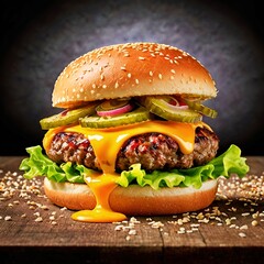 a decadent gourmet hamburger, meticulously crafted with layers of juicy beef patties, melting cheese