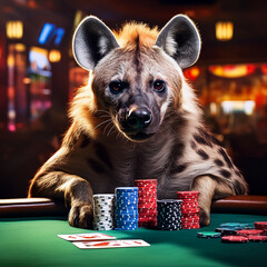 Hyena poker player sitting at a Texas holdem poker table in Las Vegas going all in