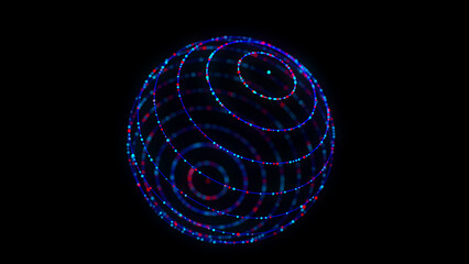 Poster - Abstract blue sphere on black background. Wireframe circle structure with glowing particles. Futuristic digital illustration. 3D rendering.