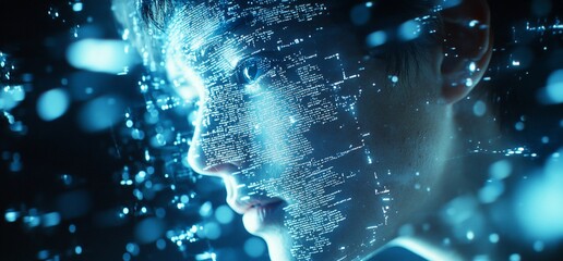 Poster - Close-up portrait of a young person with glowing blue lines and particles digitally imposed on their face.