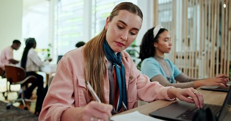 Aufkleber - Woman, laptop and student with notes on college assignment, module research and studying online. Female person, course work and writing information for knowledge, education and university thesis