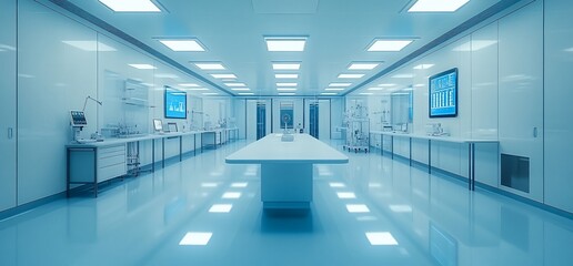 Aufkleber - Empty laboratory with white walls, shiny floor, and equipment on tables, seen from a perspective down the center.