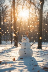 Wall Mural - Snowman in winter clothes on park background