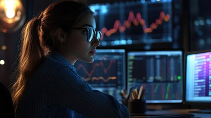 Poster - businesswomen analyzing financial graphs and charts on desk