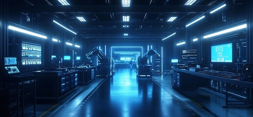 Aufkleber - Futuristic industrial interior with two robotic arms, bright neon lights, and screens in the background.