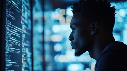 Poster - side view portrait of black software developer using computer in high technology office, data system