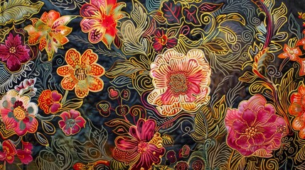 Wall Mural - The image displays vibrant floral embroidery with complex, intricate patterns and vivid colors on fabric, reflecting an artistic blend of cultural and aesthetic beauty.