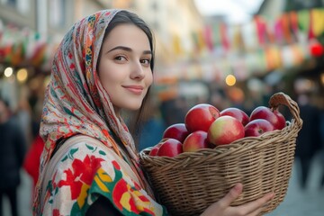 Woman in vibrant headscarf holding basket of apples in lively marketplace, showcasing tradition and culture, healthy lifestyle concept