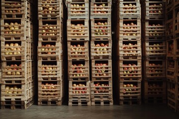 Crates of freshly harvested apples stacked in a warehouse storage area for export, symbolizing agriculture and fruit distribution concept