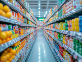 Colorful grocery aisle filled with beverages and snacks during a busy shopping day in a well-lit supermarket