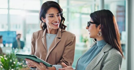 Aufkleber - Tablet, planning and women in office together for online report, agenda or schedule for business advice. Teamwork, project manager and consultant on digital app for collaboration, ideas or discussion