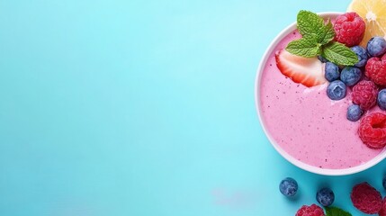 A vibrant bowl of fruit smoothie topped with fresh berries and mint, set against a bright blue background.