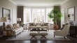 © BackgroundStudio - Traditional Living Room Elegant living room with bay windows, cream sofa, and white armchair.