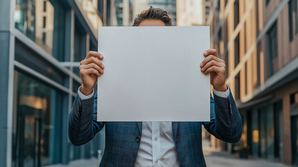 a businessman in a suit holds a blank sign in front of his face.