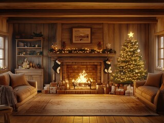 A cozy living room with a lit fireplace and Christmas tree adorned with lights and ornaments, surrounded by festive decorations and gifts, creating a warm holiday ambiance.