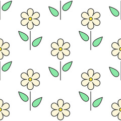 Wall Mural - Yellow line flowers with green leaves on white background. Vector seamless pattern. Best for textile, wallpapers, wrapping paper and your design.