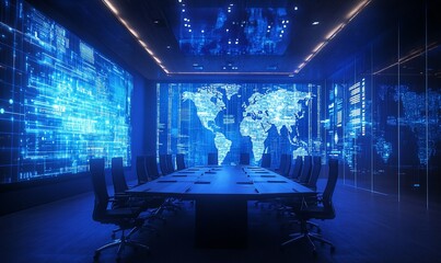Poster - Modern conference room with a large screen displaying a world map and data visualizations.