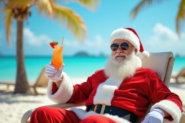 Santa relaxing on a beach lounger, sipping a tropical drink with palm trees and ocean waves in the background - perfect for a holiday vibe.