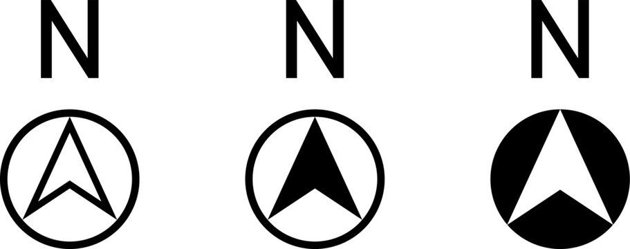Basic Black Round North Mark Arrow Sign Symbol in Circle Icon Set for Map or Site Plan Orientation. Vector Image.
