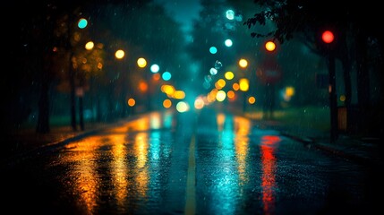 Poster - Soft Bokeh Effects with Blurred Shapes on Rainy Street