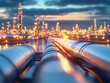 © Sergey - A network of industrial pipelines with a glowing refinery in the background at dusk, highlighting the technological infrastructure in the oil and gas industry.