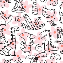 Sticker - Dino vector seamless pattern with hand drawn dinosaurs and tropical plants and palm trees. Contours on the background of pink flowers. Ideal for baby textiles, clothing and decor.