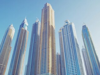 A stunning skyline showcasing towering, modern skyscrapers against a clear blue sky, highlighting urban architecture and city life.