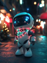 Poster - Cute robot wearing christmas lights standing on a street at night