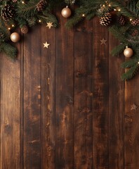 Wall Mural - Christmas background with decorations along the edges. Christmas tree branches, gold glitter balls, stars, and garland. Flat lay, top view on a dark background with copy space.