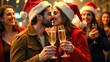 © Julija AI - Romantic kiss between a couple in Santa hats with glass of champagne at a club Christmas party. Close-up shot with a joyful holiday atmosphere.
