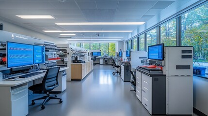 Aufkleber - Modern laboratory workspace with high-tech equipment, computers, and large windows overlooking a green landscape.