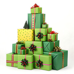 Green christmas presents and gifts stacked into a festive christmas tree shape