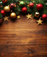 Christmas background with decorations along the edges. Christmas tree branches, gold glitter balls, stars, and garland. Flat lay, top view on a dark background with copy space.