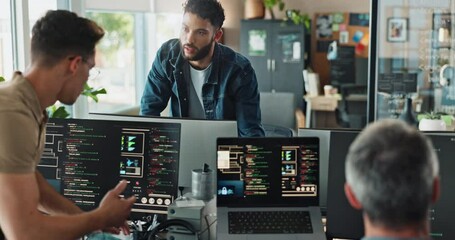 Aufkleber - Collaboration, computer screen and web development with business people in office working together. Conversation, discussion and programming with coding team reading machine language in workplace