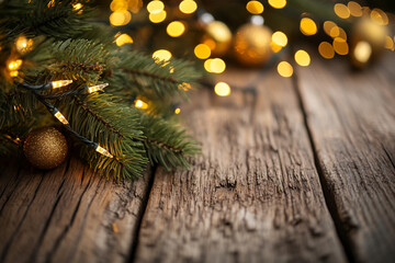 Poster - A pine branch with string lights and ornaments lays on a wooden table with blurred lights in the background