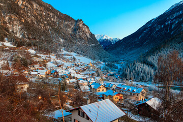 Sticker - Winter view of small town Filisur in Switzerland at evening