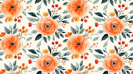 Seamless watercolor pattern featuring a decorative vegetable monogram with flower branches in a symmetrical design