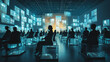 © Oleksandr - Rows of People Sitting at Floating Glass Desks, Surrounded by Projected Visuals in a High-Tech Auditorium