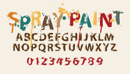 Poster - spray paint grunge lettering in abstract letters with spots and drips. Vector set of alphabet letters and numbers written in color paint on a light background. Spattered font