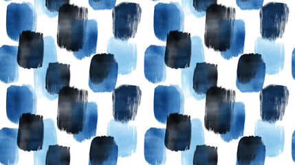 Seamless pattern of watercolor brush strokes in black and blue on a clean white background ideal for textile design and home decor