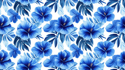 Seamless pattern of tropical blue flowers and greenery on a white background ideal for textile design exotic botanical art