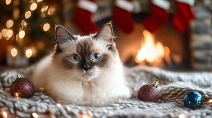 Wall Mural - Ragdoll cat. Cute cozy pet Christmas home photo. Xmas calming mood animal. Funny portrait of pets in decorated indoor family cosy atmosphere. Winter season banner design